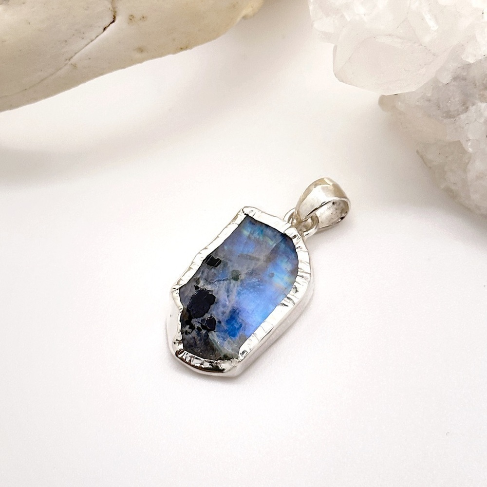 RAINBOW Moonstone & Black Tourmaline Sterling Silver Gemstone Pendant Necklace